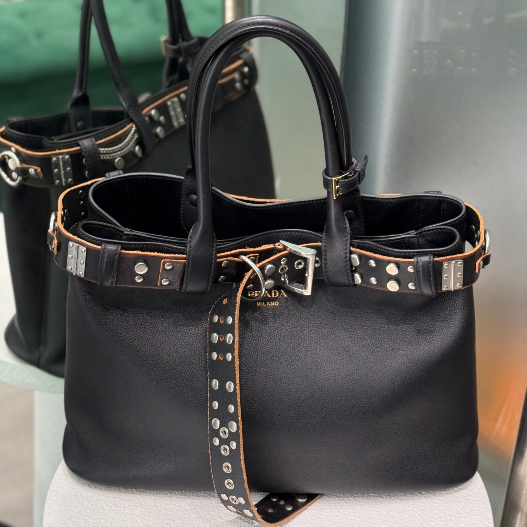 PRADA Buckle Large Leather Bag with Studded Belt