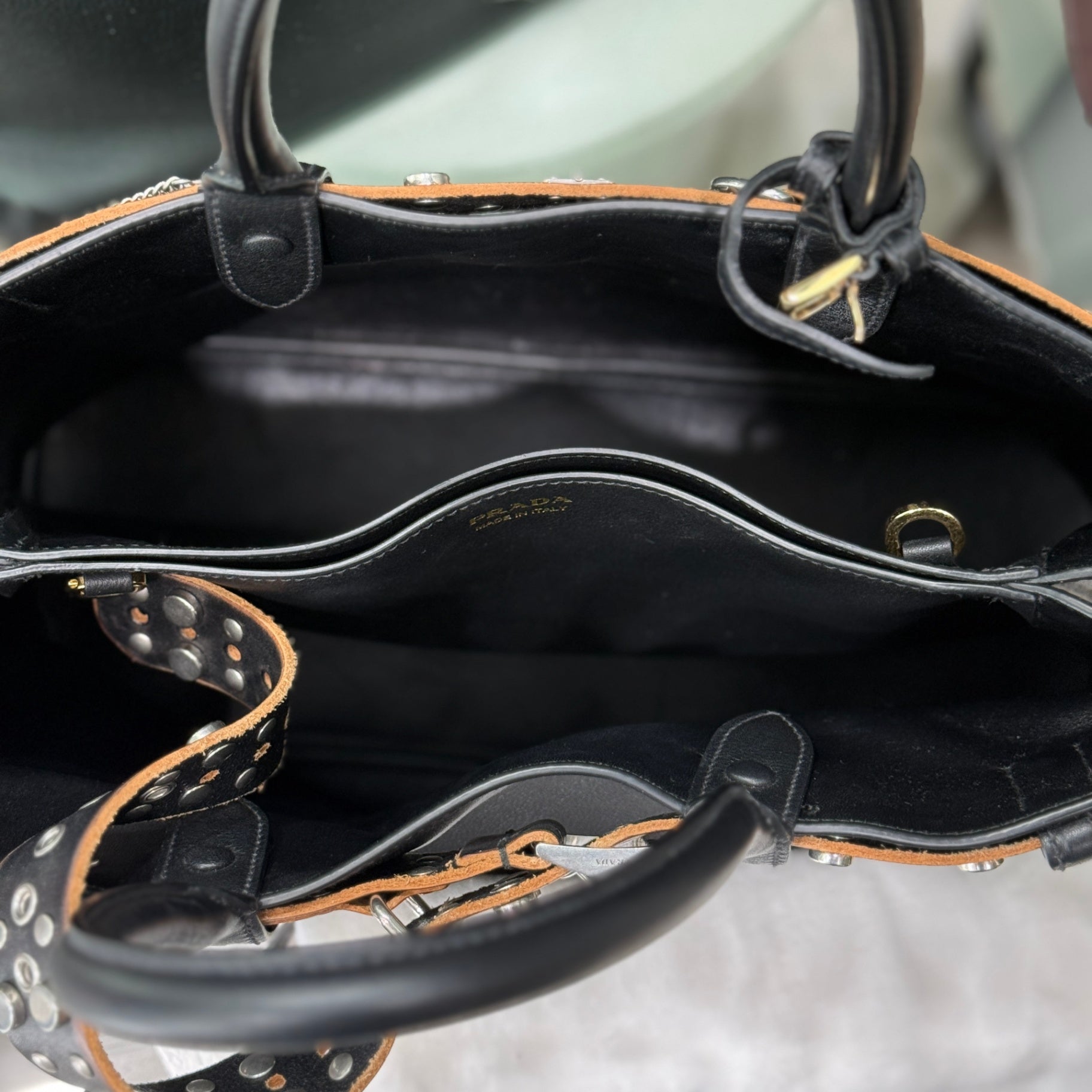 PRADA Buckle Large Leather Bag with Studded Belt