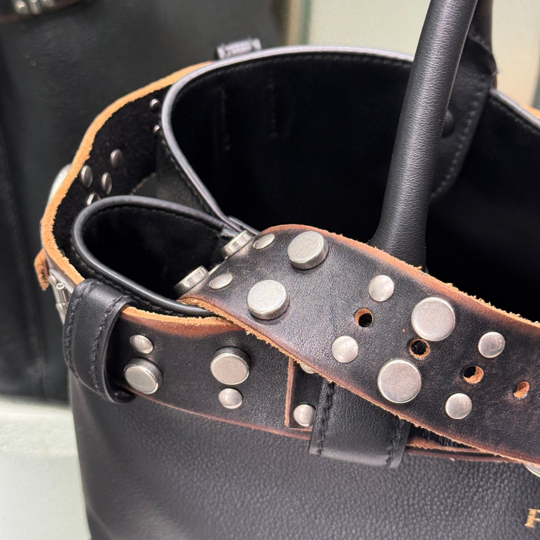 PRADA Buckle Large Leather Bag with Studded Belt
