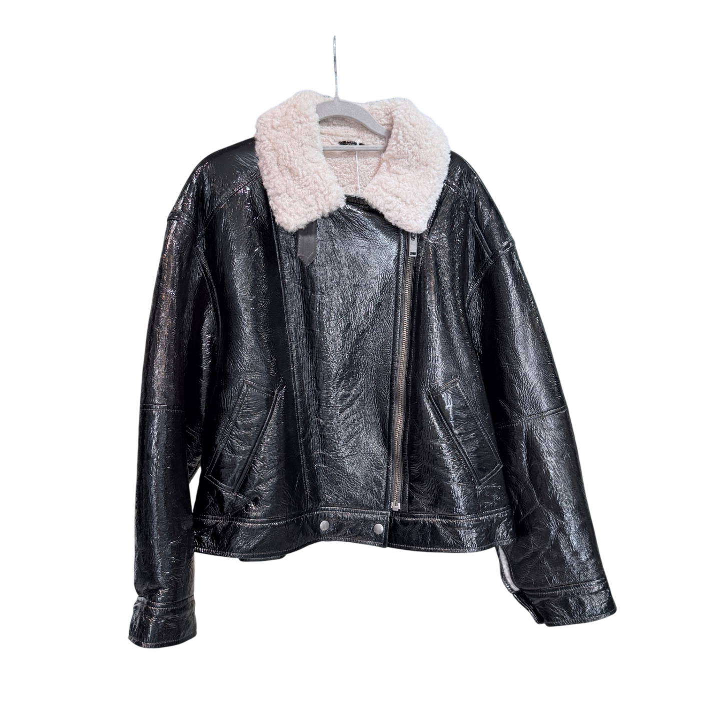 DUCIE Black Bomber Coat With Fur Trim Size L