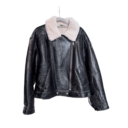 DUCIE Black Bomber Coat With Fur Trim Size L