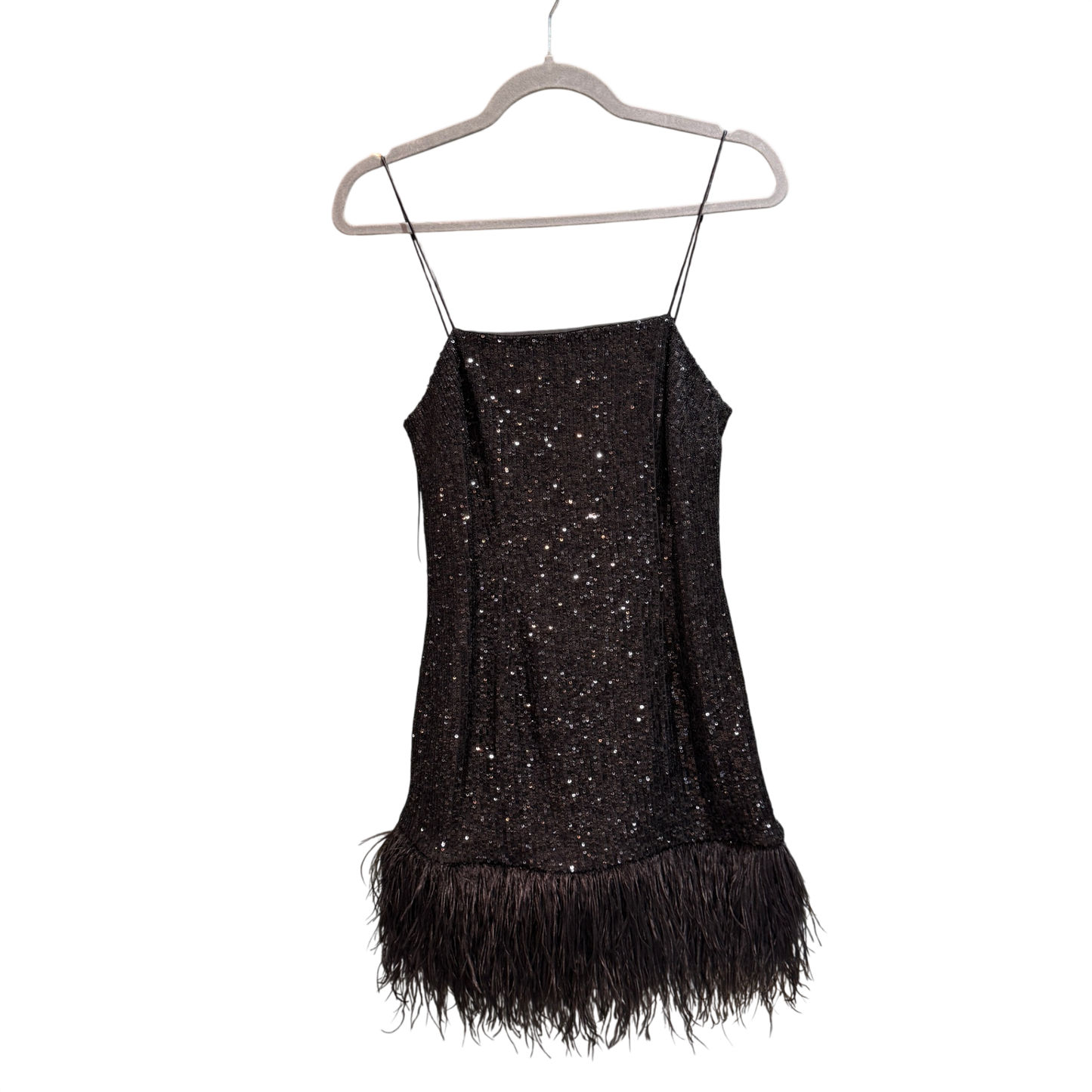 REBECCA VALLANCE Black sequin feather trim dress - size 8