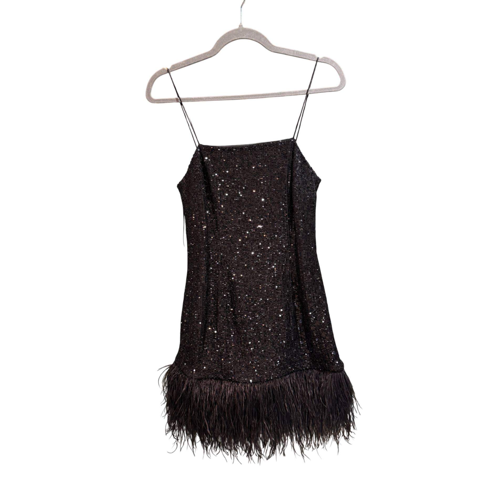 REBECCA VALLANCE Black sequin feather trim dress - size 8