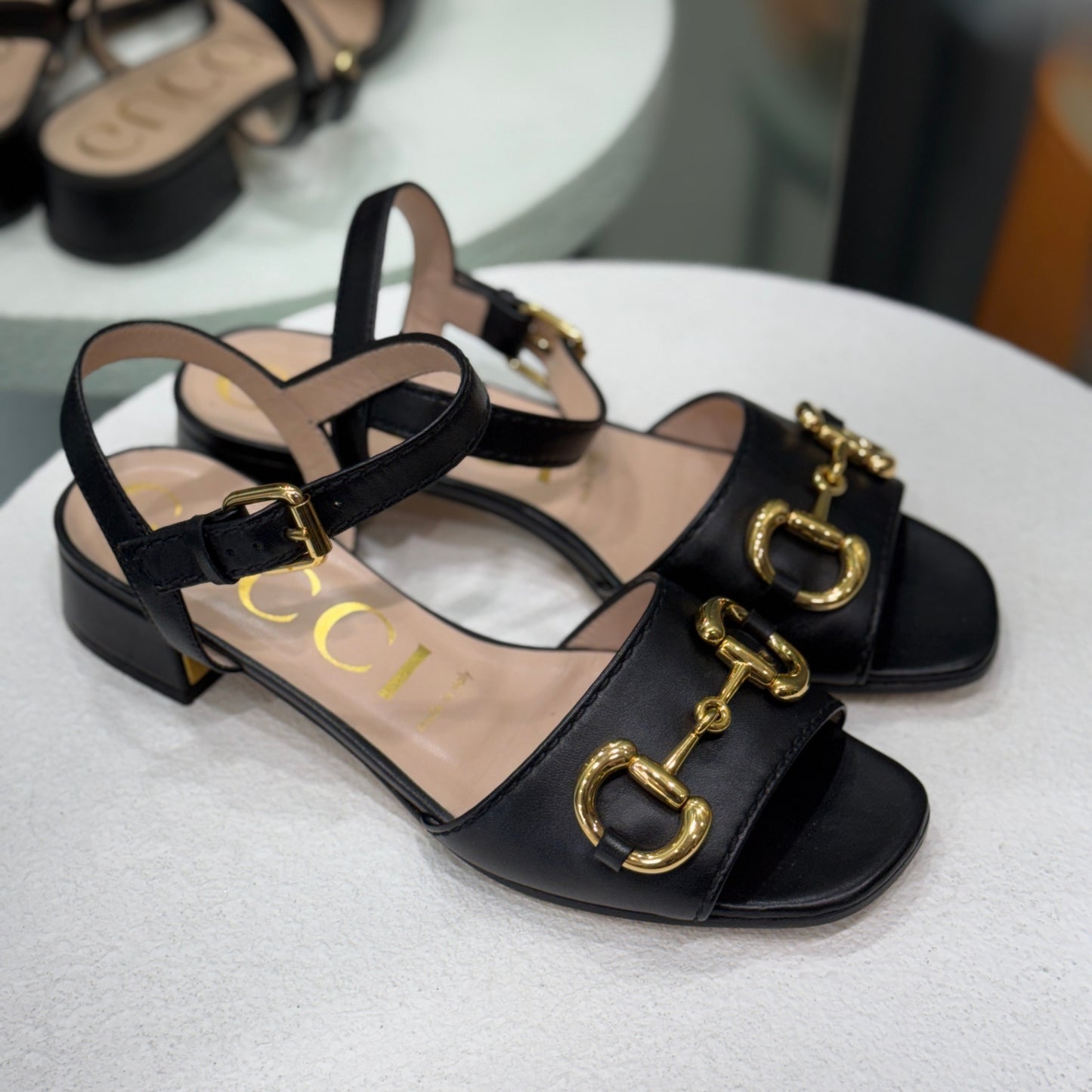 GUCCI Black & Gold Heeled Sandal Sz 37