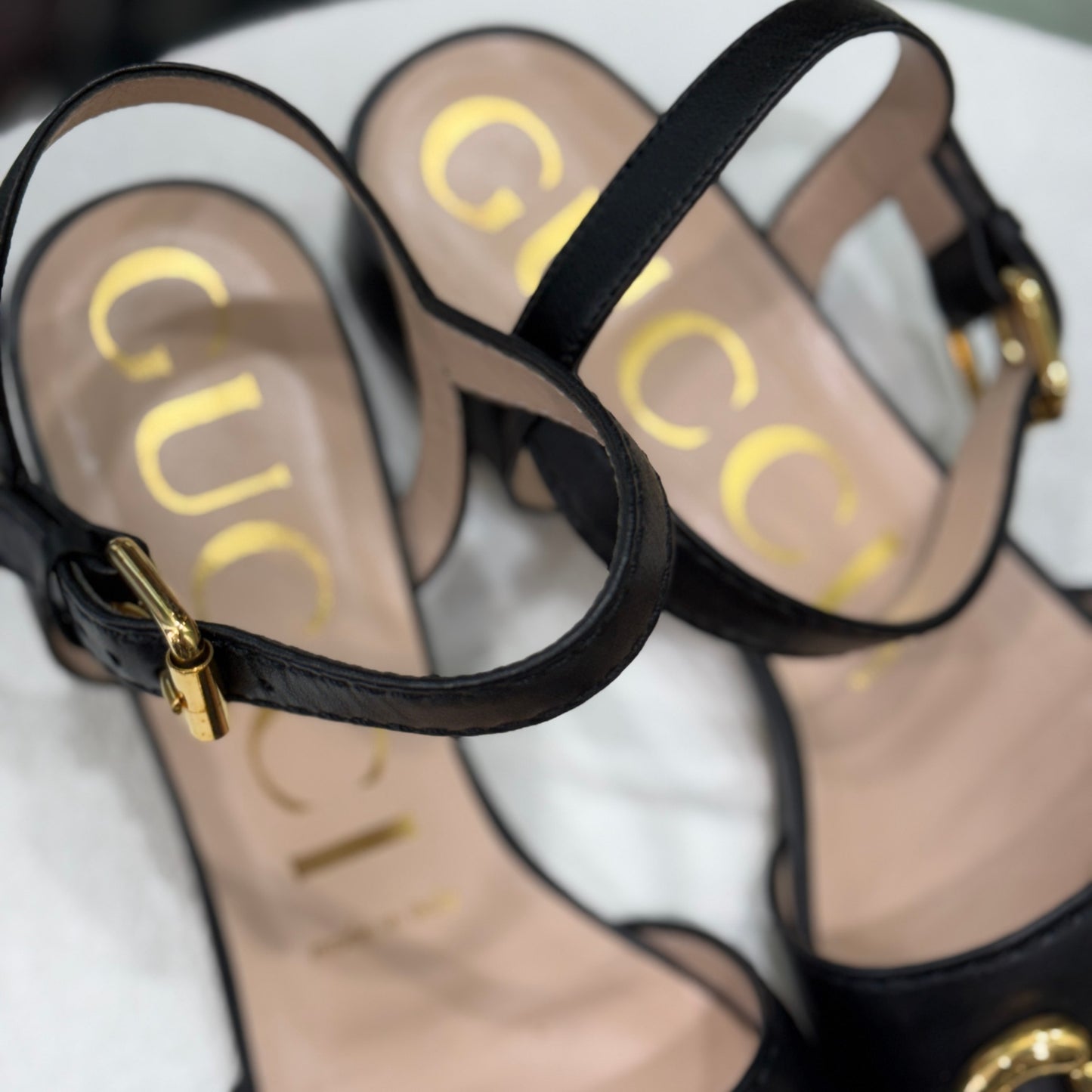 GUCCI Black & Gold Heeled Sandal Sz 37