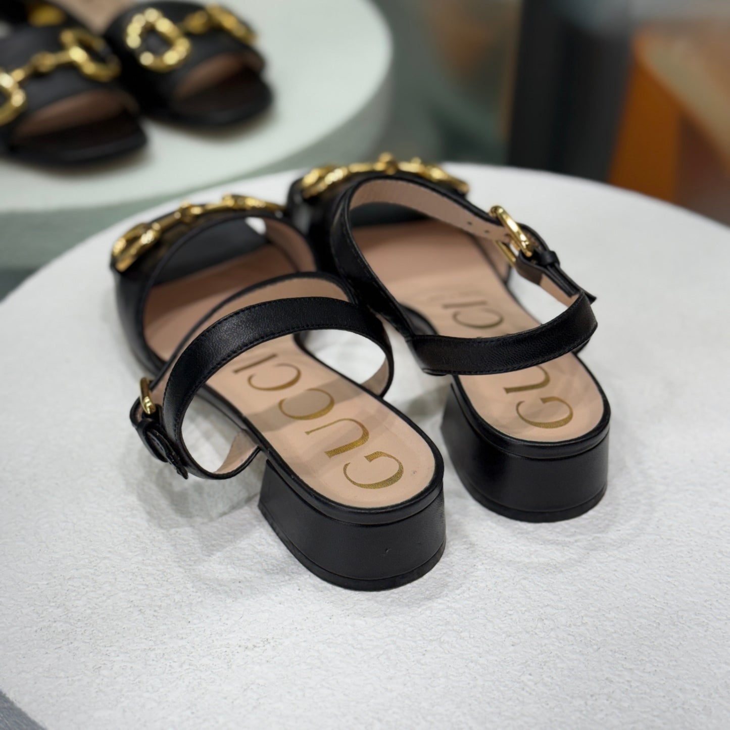 GUCCI Black & Gold Heeled Sandal Sz 37