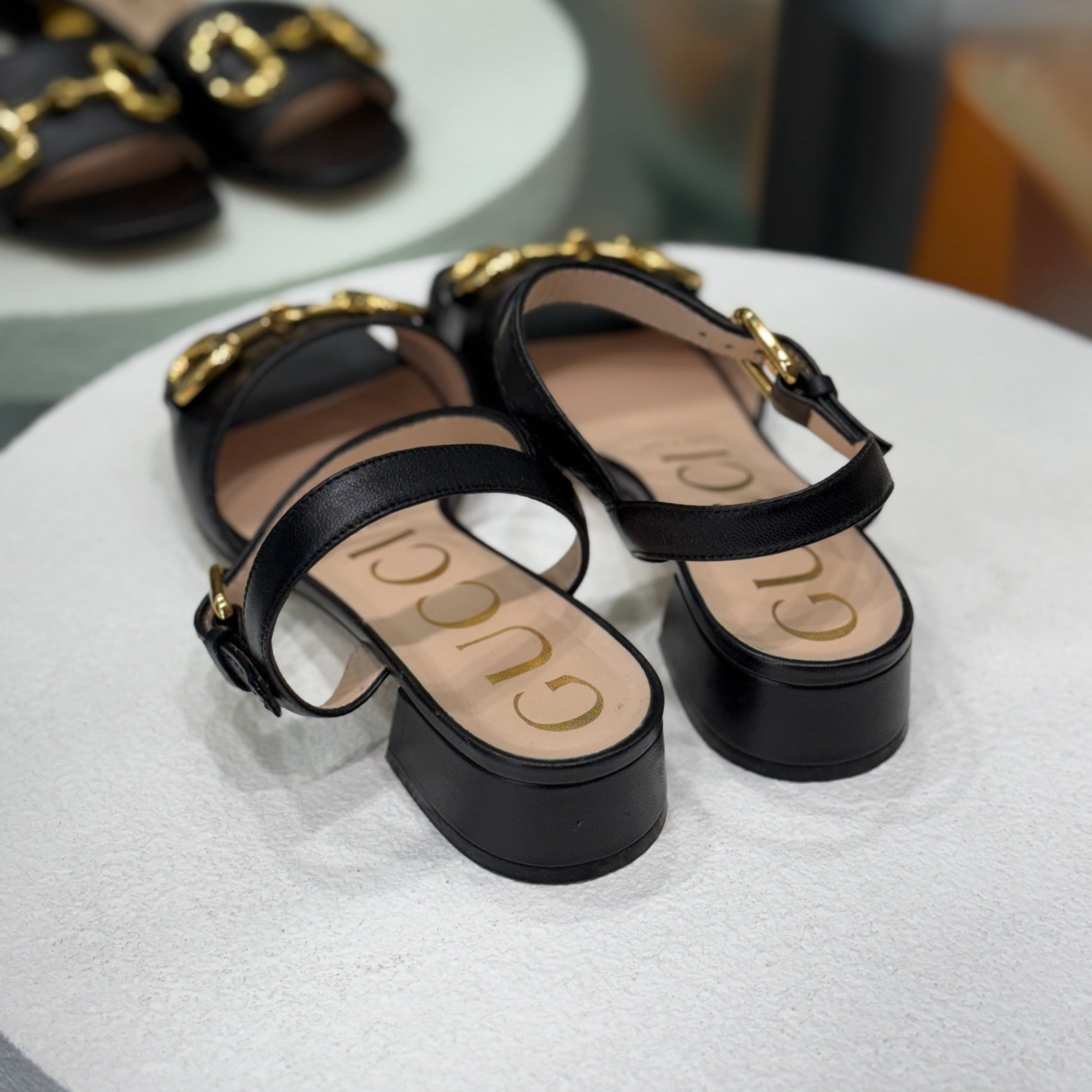 GUCCI Black & Gold Heeled Sandal Sz 37
