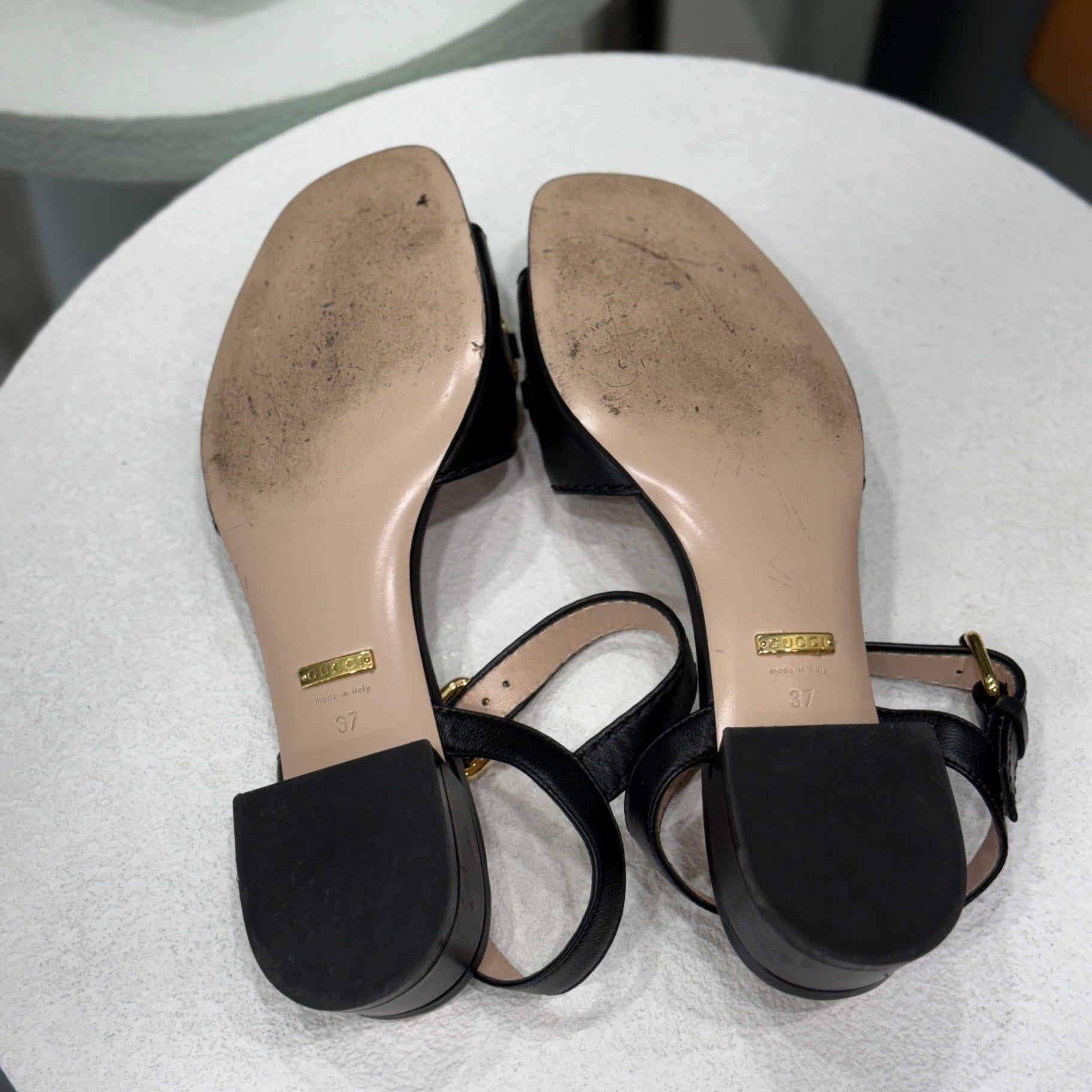 GUCCI Black & Gold Heeled Sandal Sz 37