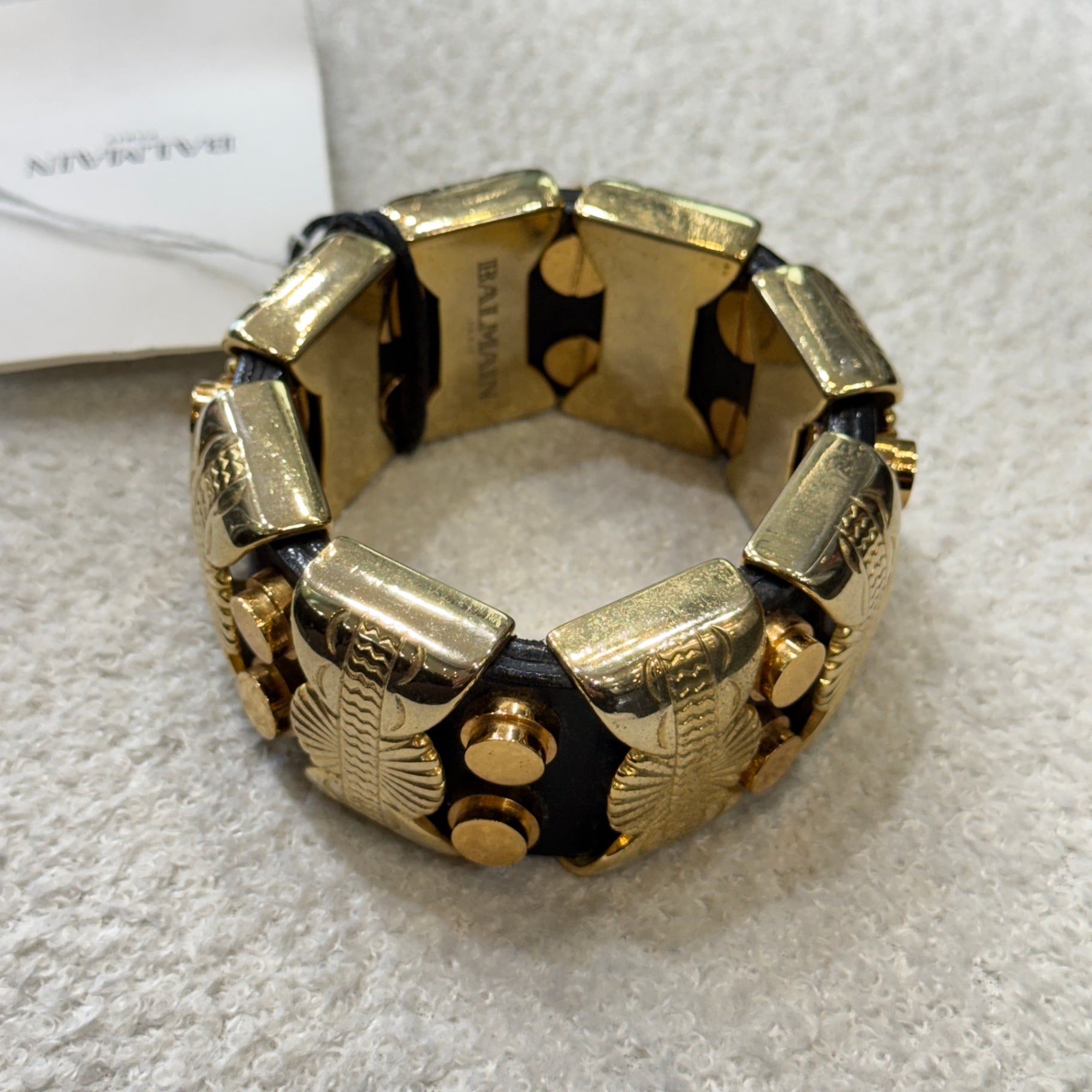 BALMAIN Vintage Gold Metal Leather Chunky Bracelet