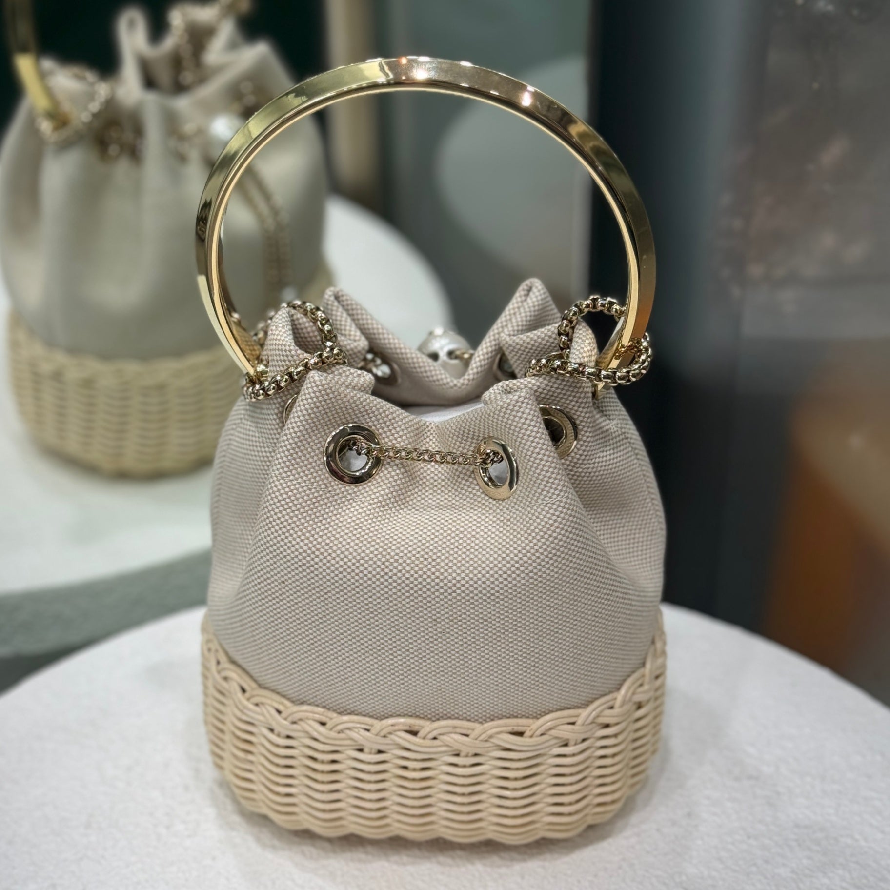 JIMMY CHOO Bon Bon Wicker Bucket Bag