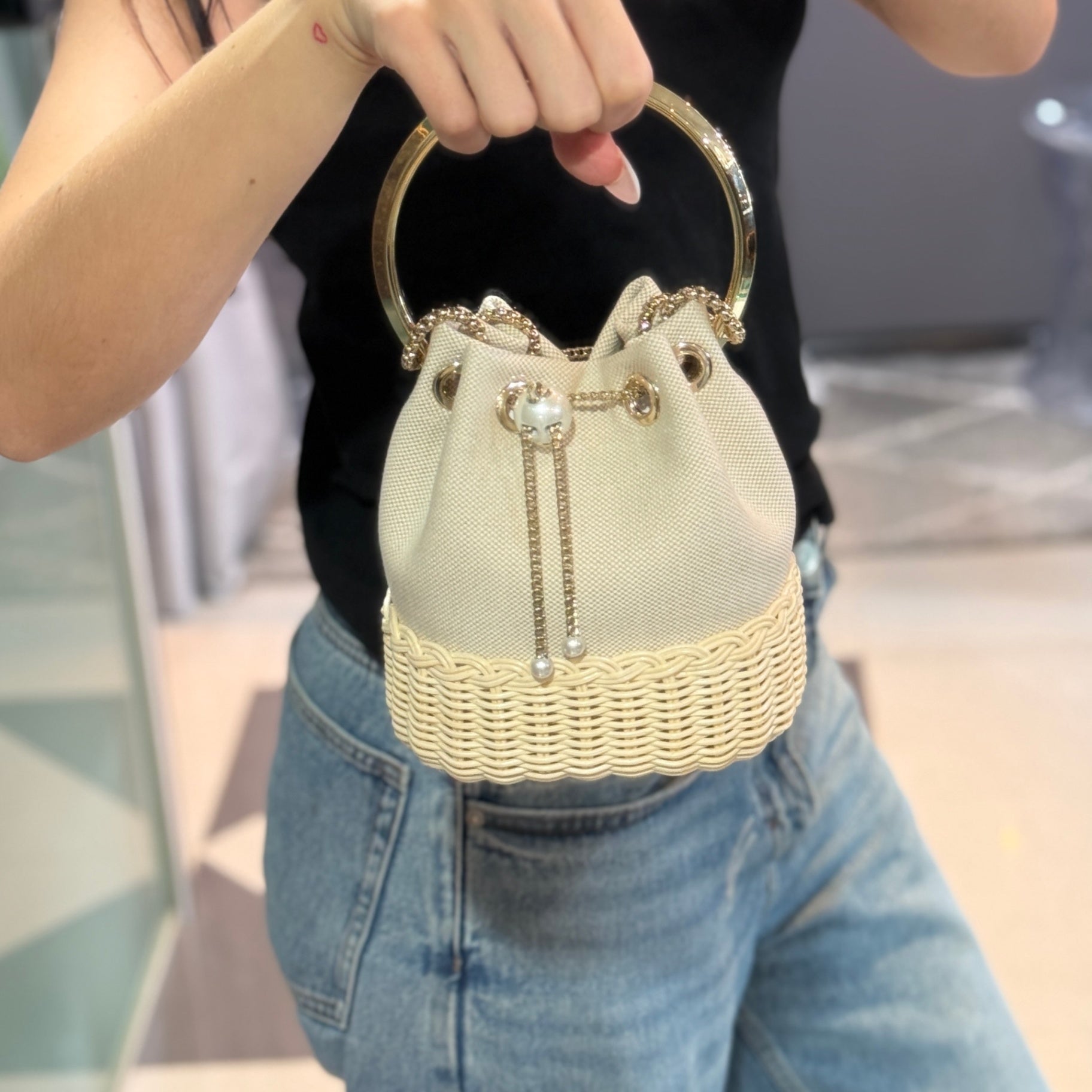JIMMY CHOO Bon Bon Wicker Bucket Bag