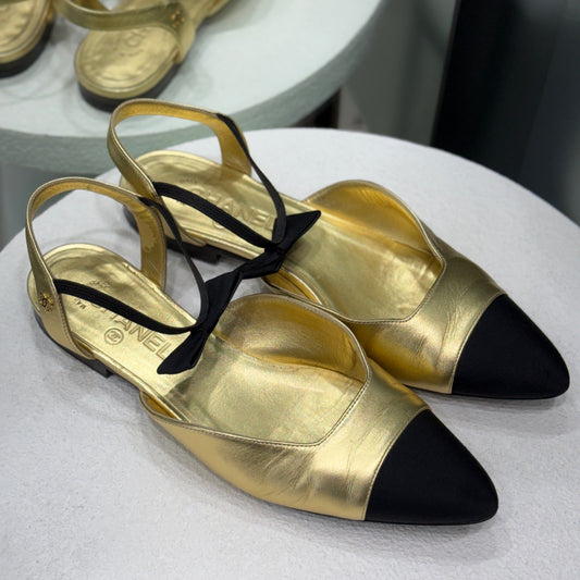 CHANEL Gold & Black Flats Sz 40 C