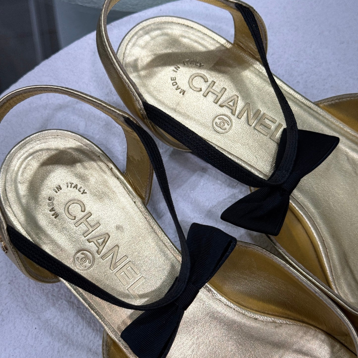 CHANEL Gold & Black Flats Sz 40 C