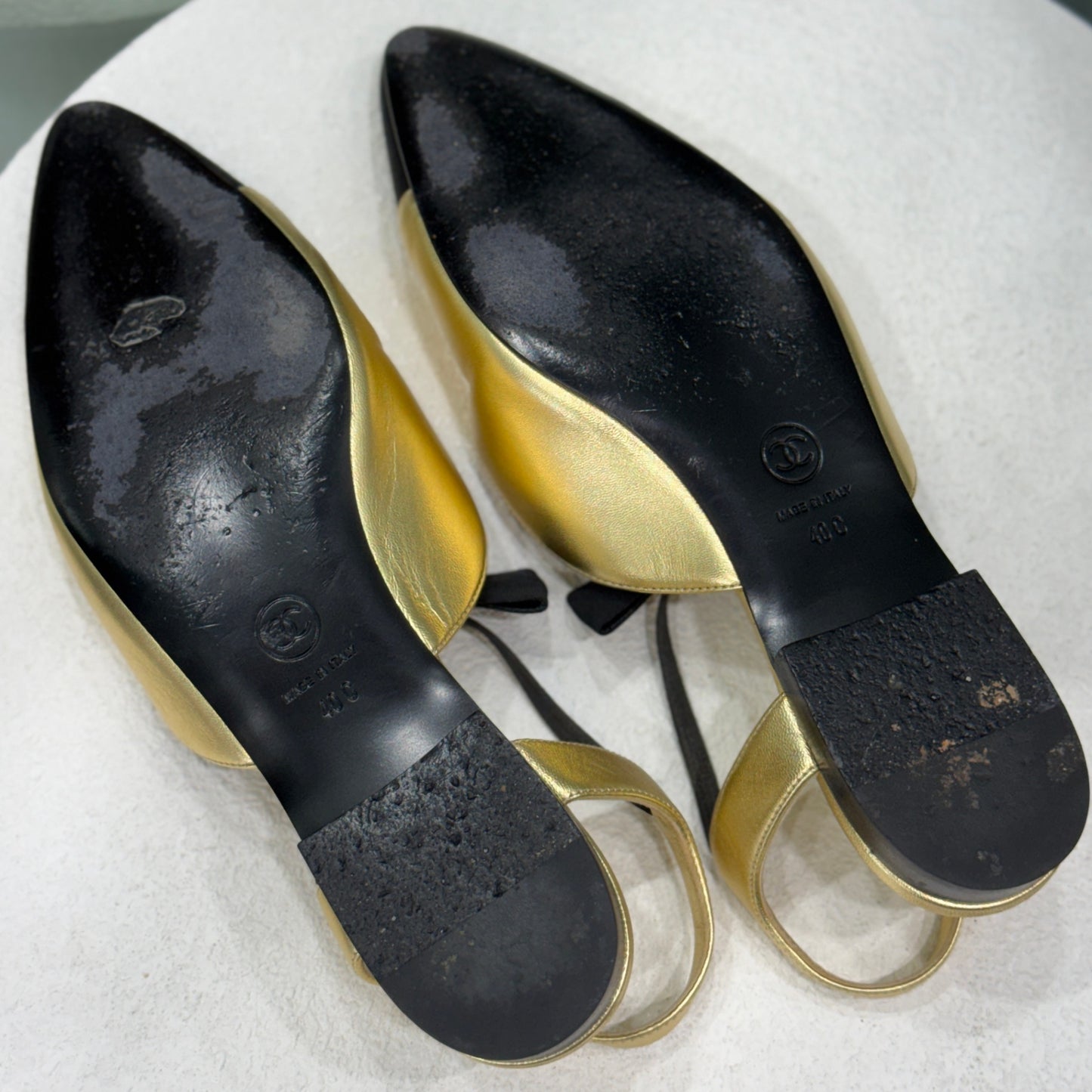 CHANEL Gold & Black Flats Sz 40 C