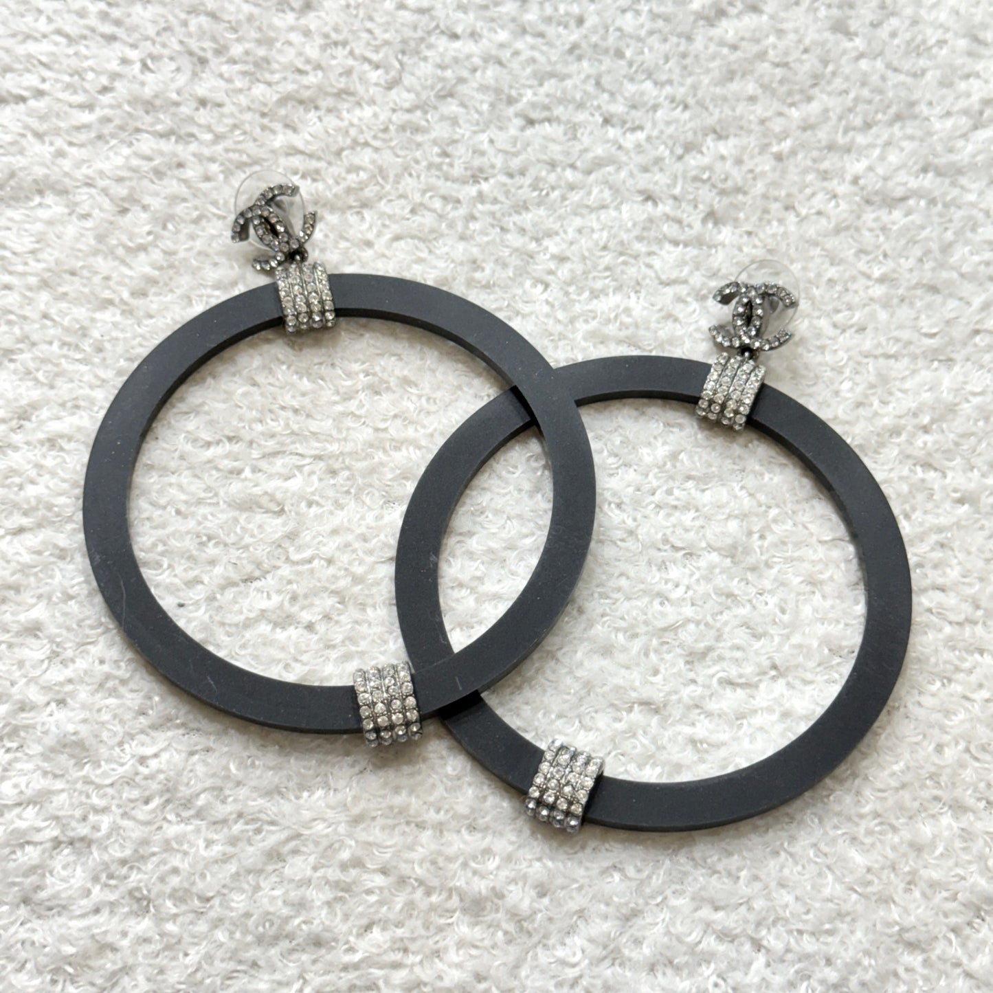 CHANEL Black Crystal CC Logo Hoop Earrings