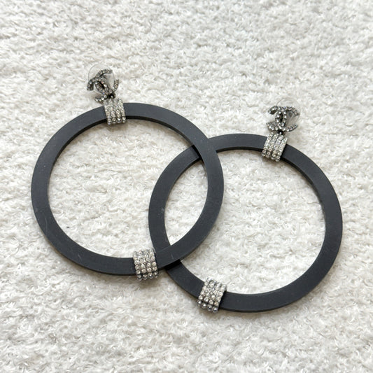 CHANEL Black Crystal CC Logo Hoop Earrings