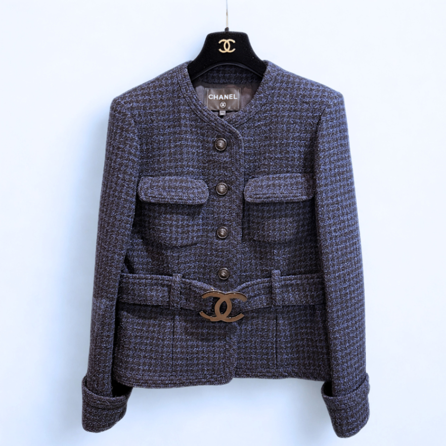 CHANEL Navy CC Buckle Wool Jacket Sz 42
