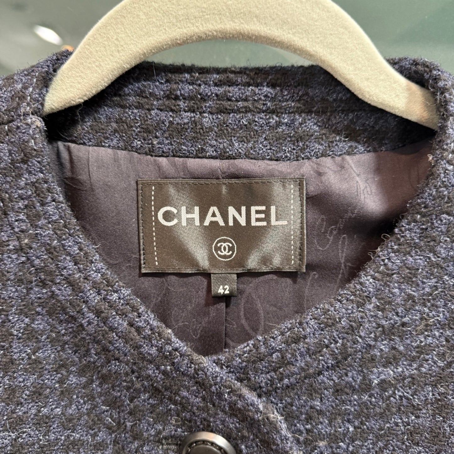 CHANEL Navy CC Buckle Wool Jacket Sz 42