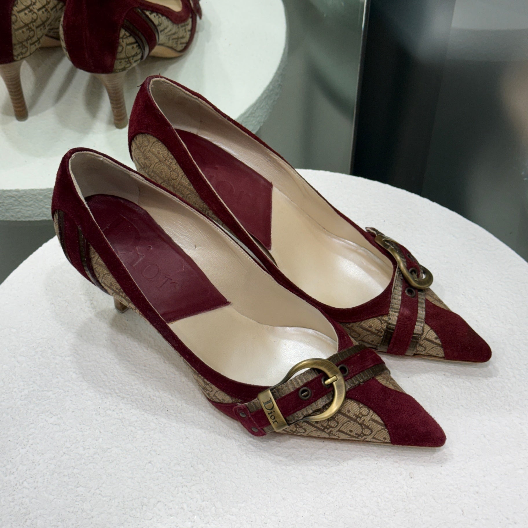 DIOR Vintage Monogram Burgundy Suede Heels Sz 36 