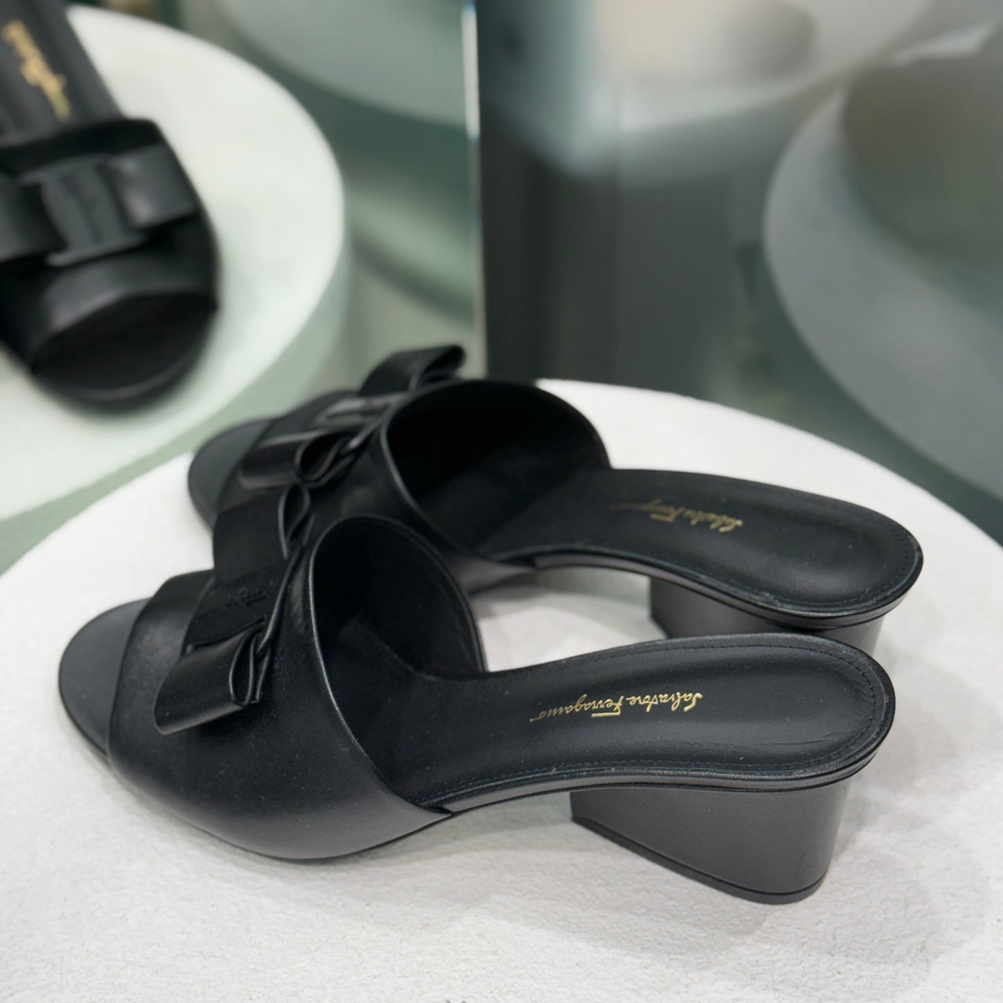 FERRAGAMO Black Bow Wedge Sandals Sz 41.5
