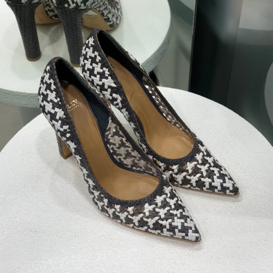 BALLY Black & White Woven Leather Heels Sz 40