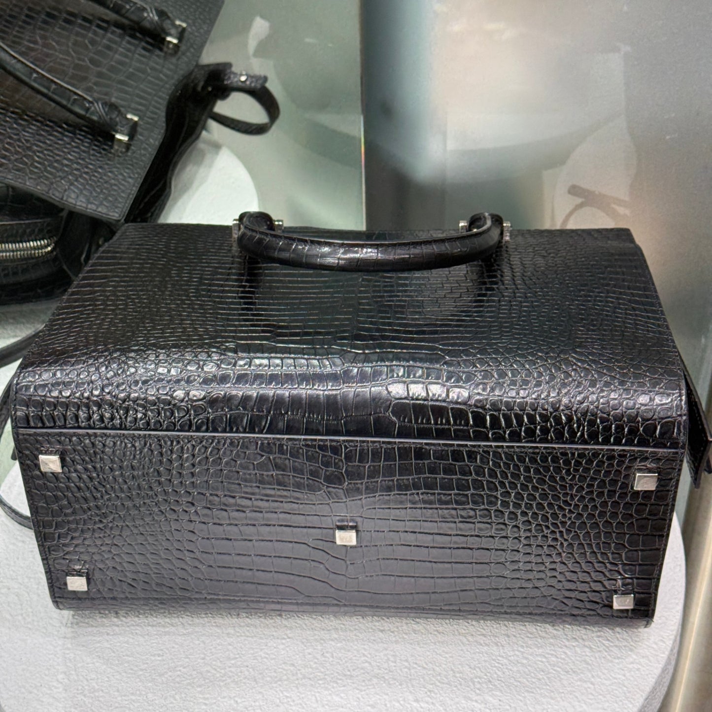 SAINT LAURENT Crocodile Uptown Tote Black