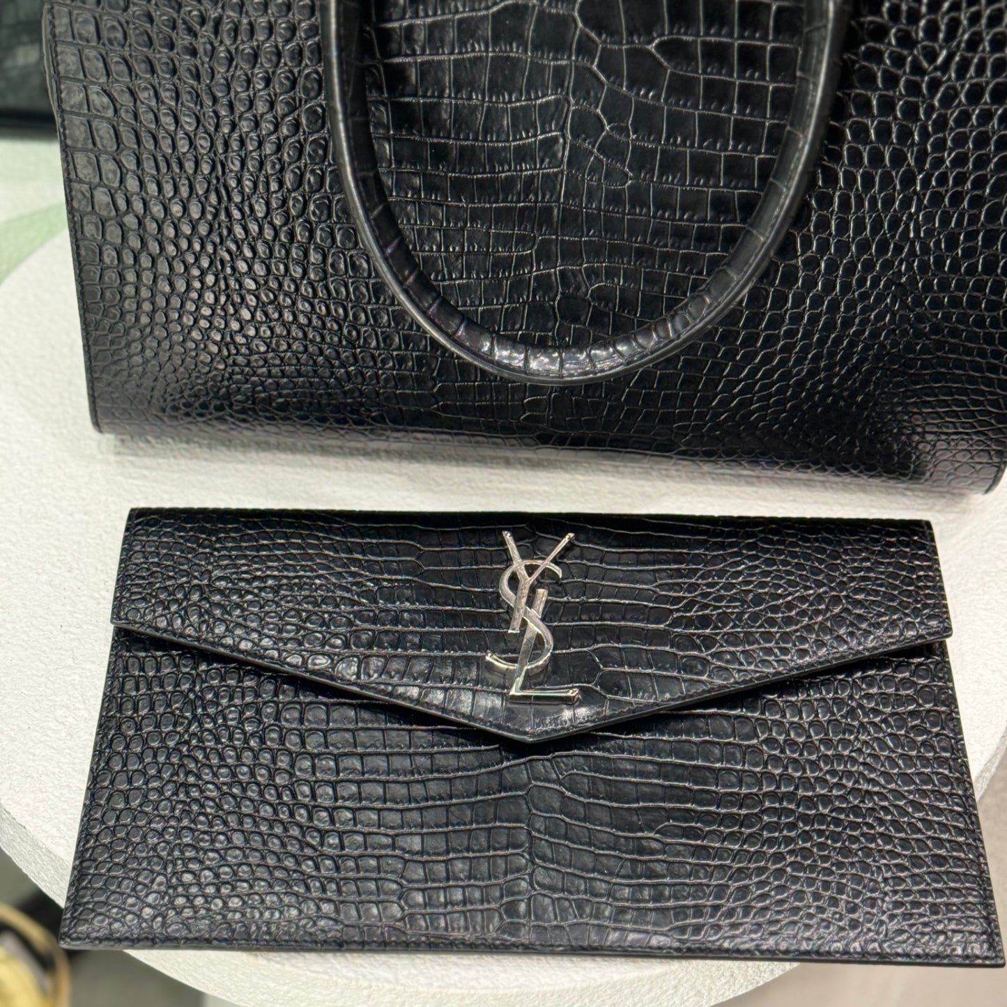 SAINT LAURENT Crocodile Uptown Tote Black