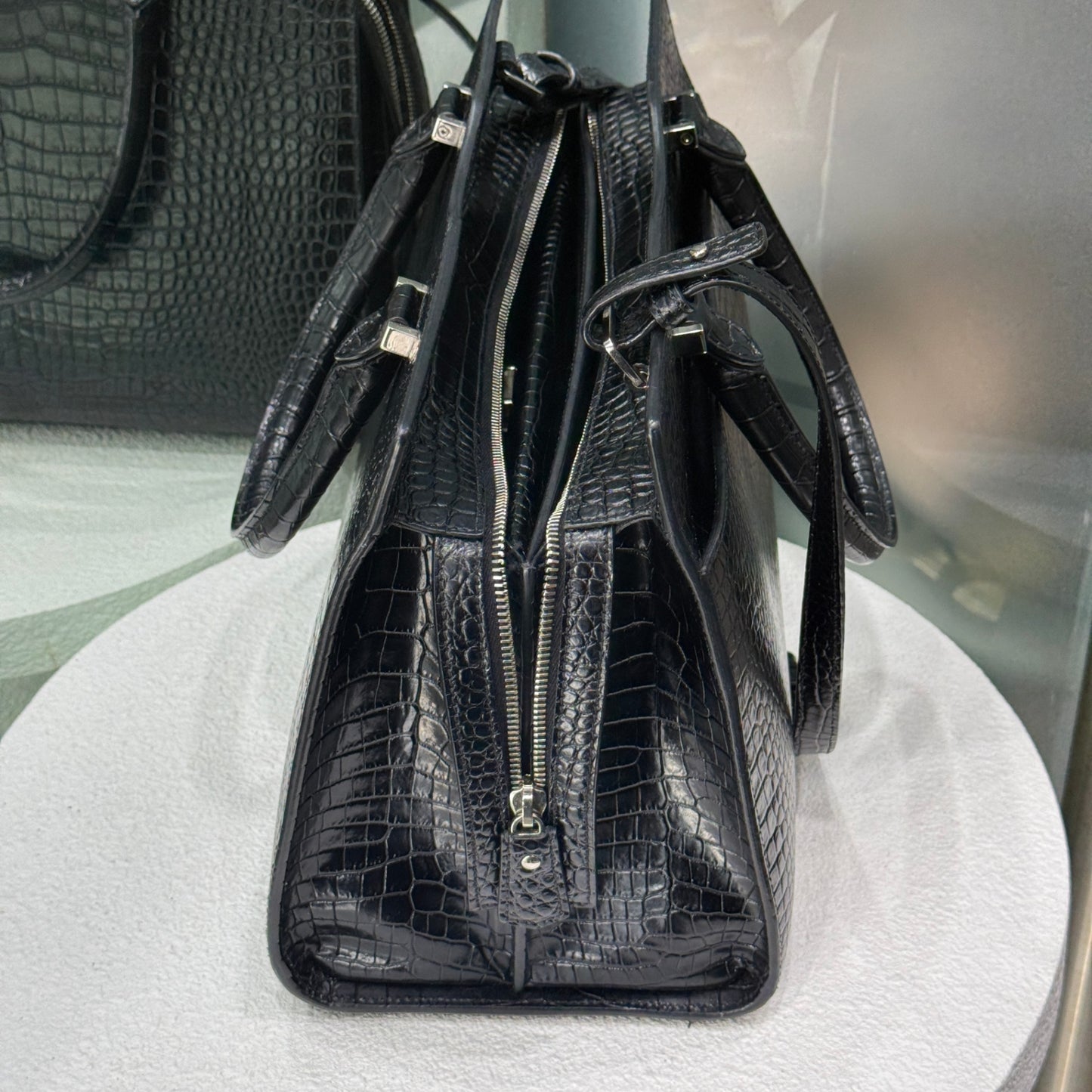 SAINT LAURENT Crocodile Uptown Tote Black