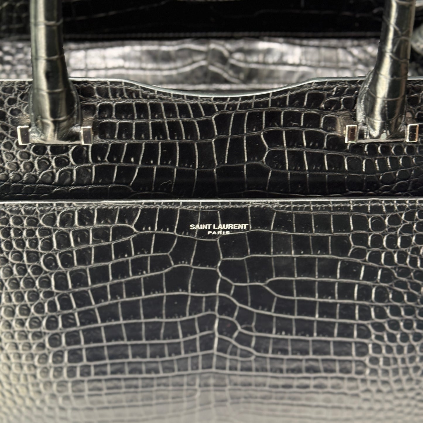 SAINT LAURENT Crocodile Uptown Tote Black