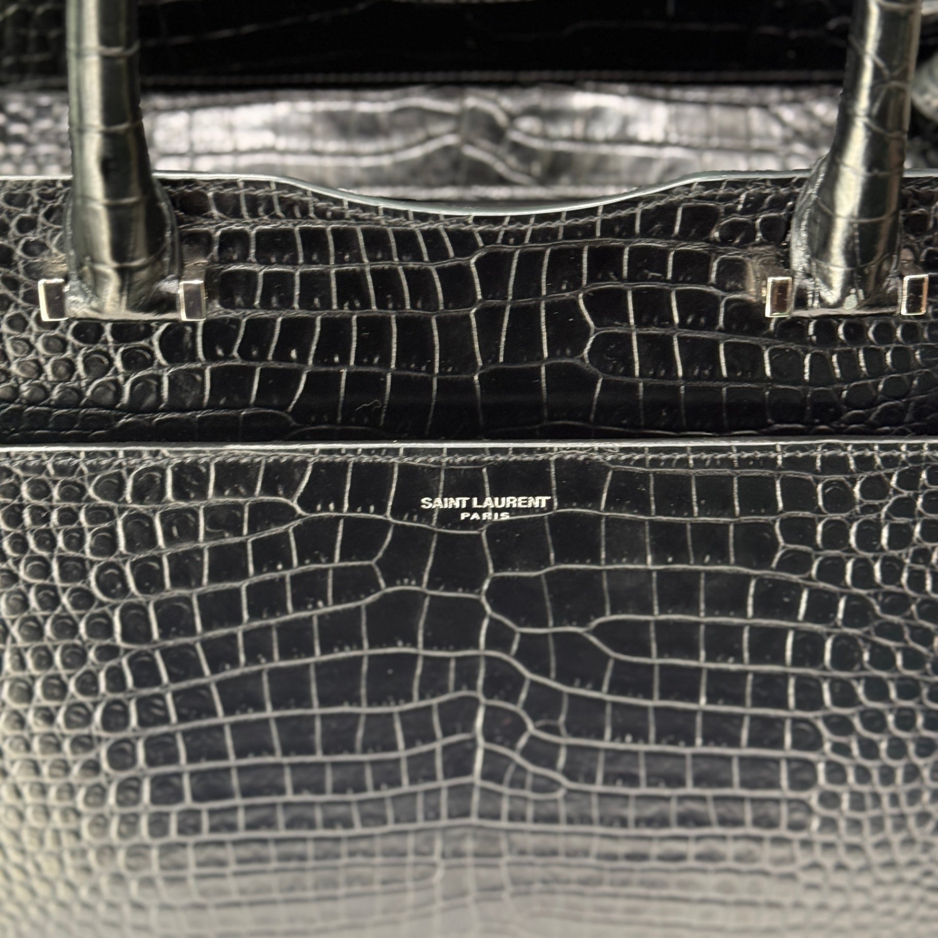 SAINT LAURENT Crocodile Uptown Tote Black