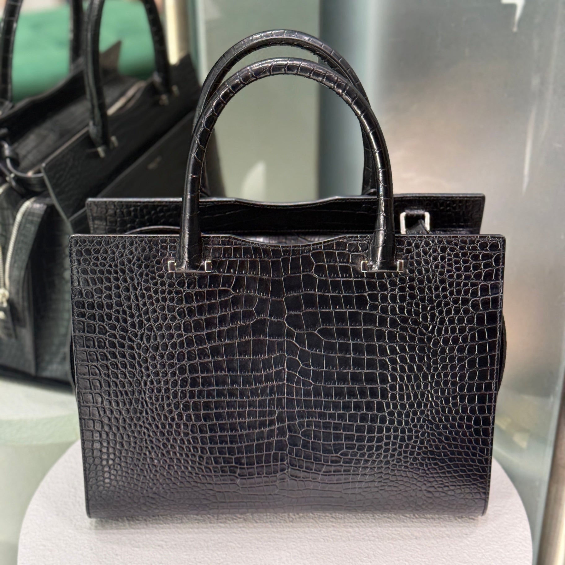 SAINT LAURENT Crocodile Uptown Tote Black
