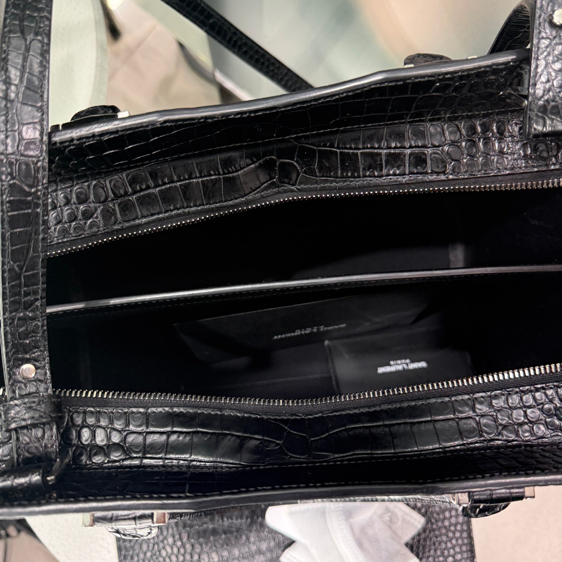 SAINT LAURENT Crocodile Uptown Tote Black