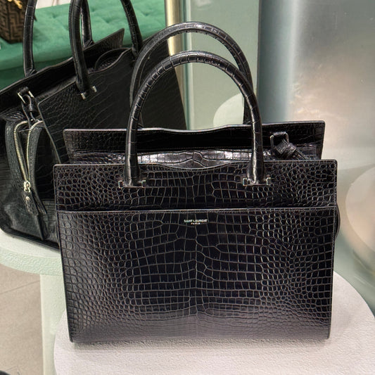 SAINT LAURENT Crocodile Uptown Tote Black