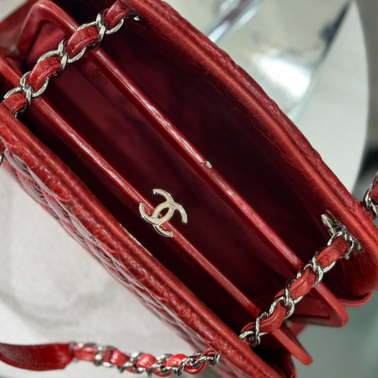CHANEL Patent Red Mademoiselle Bowling Bag