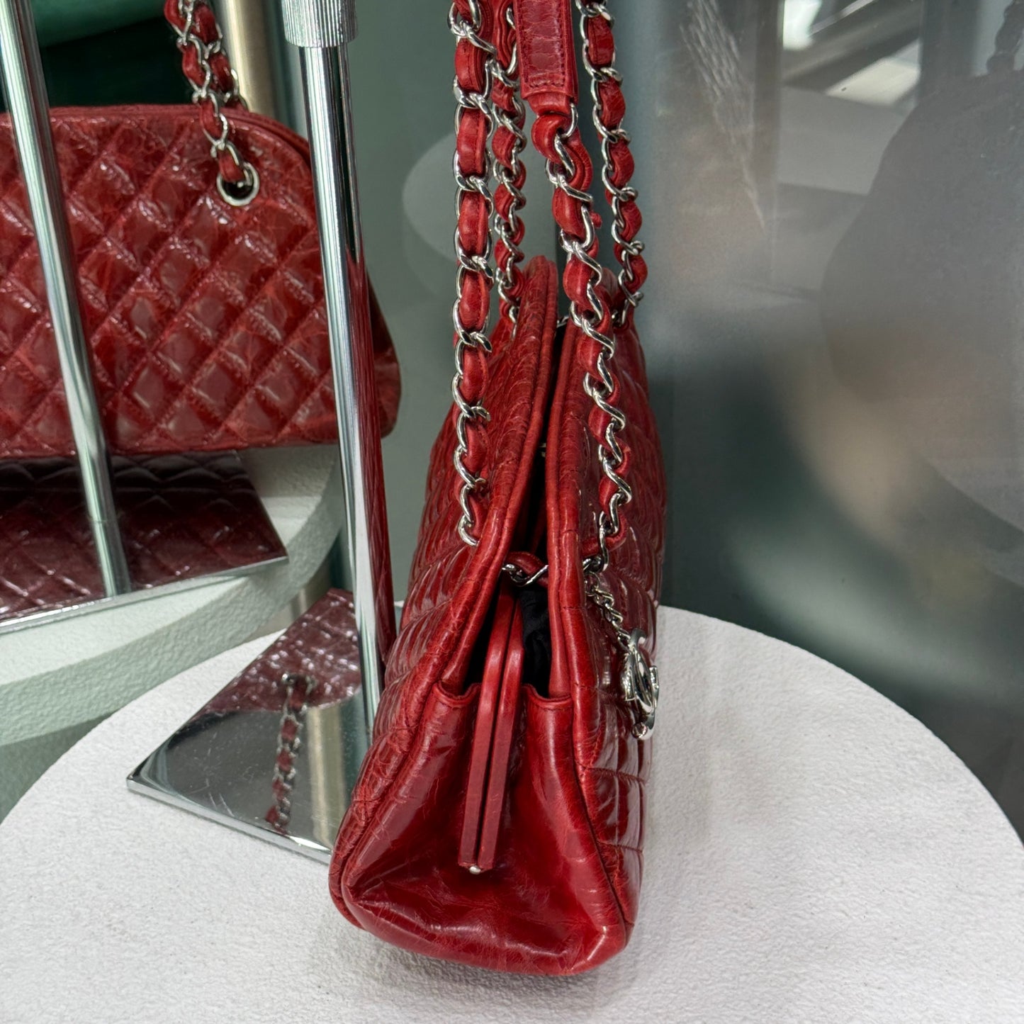 CHANEL Patent Red Mademoiselle Bowling Bag