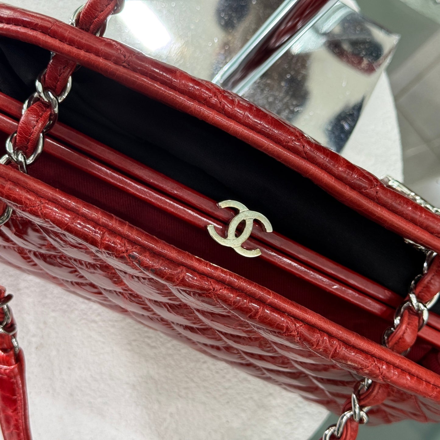 CHANEL Patent Red Mademoiselle Bowling Bag