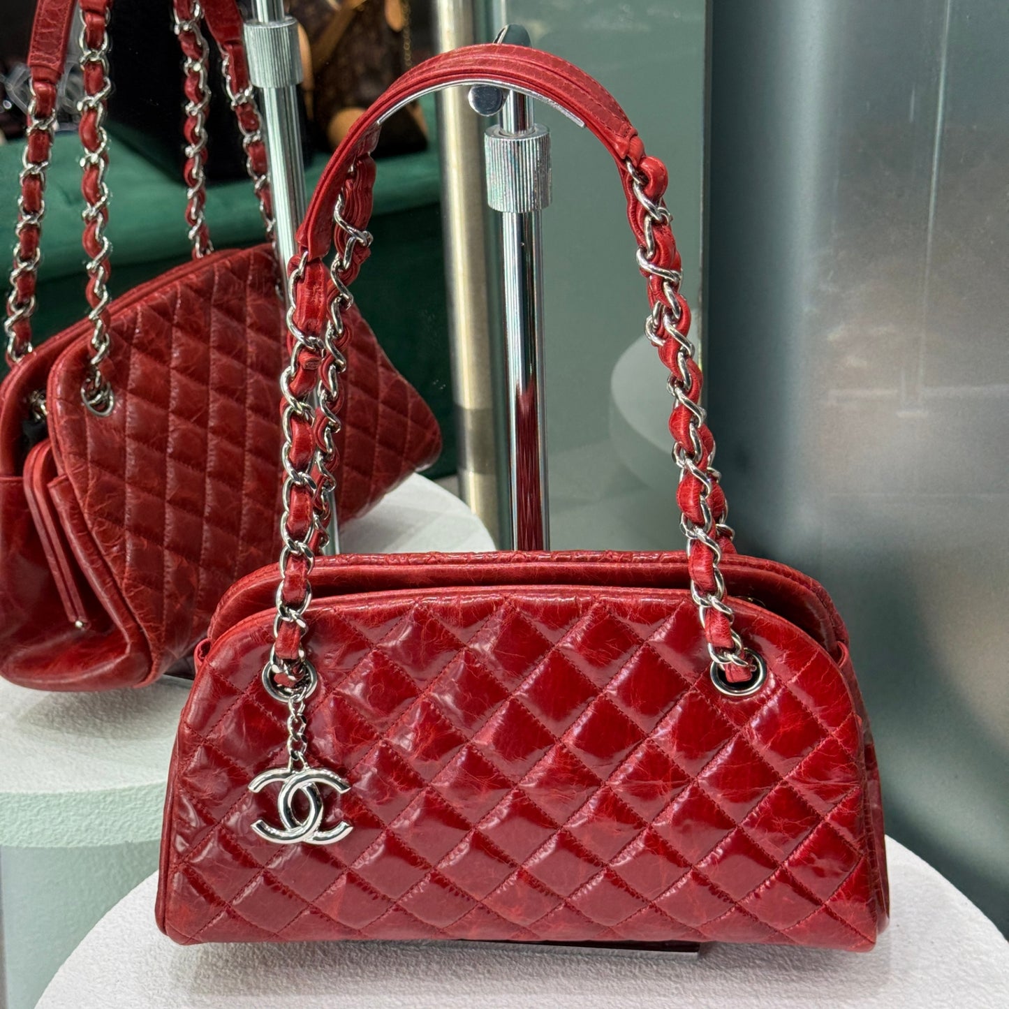 CHANEL Patent Red Mademoiselle Bowling Bag