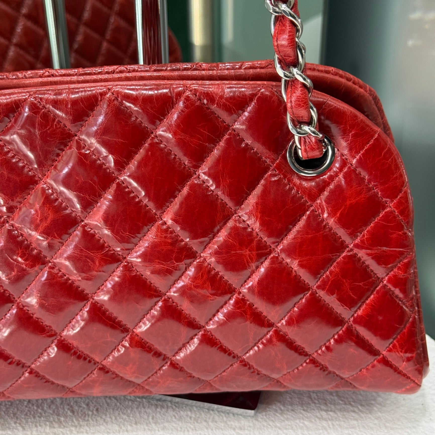 CHANEL Patent Red Mademoiselle Bowling Bag