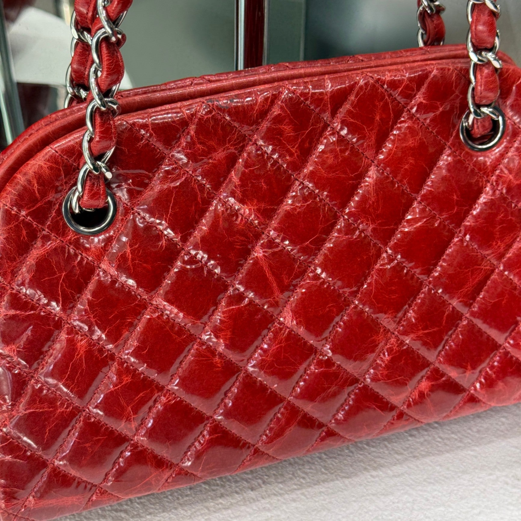 CHANEL Patent Red Mademoiselle Bowling Bag