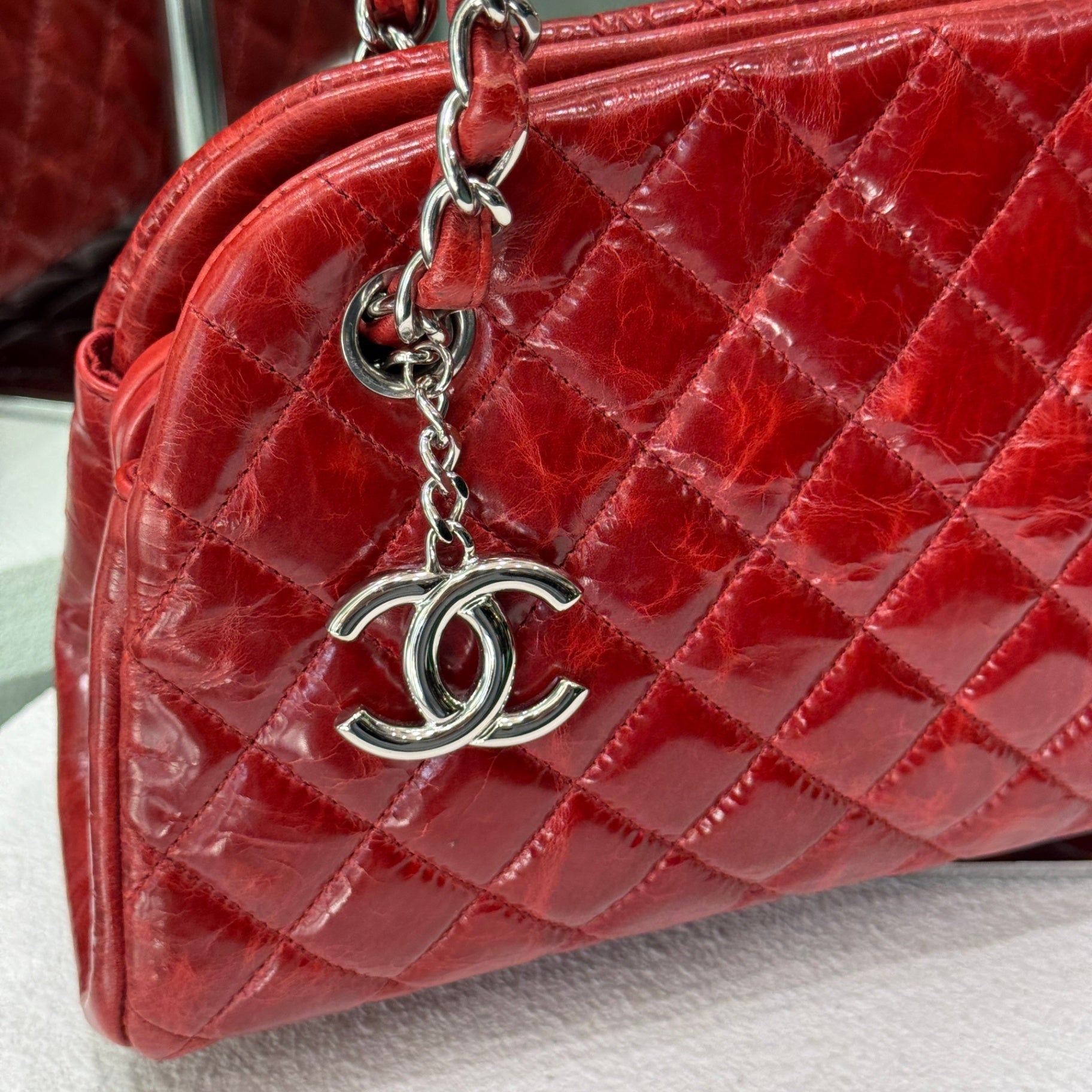 CHANEL Patent Red Mademoiselle Bowling Bag