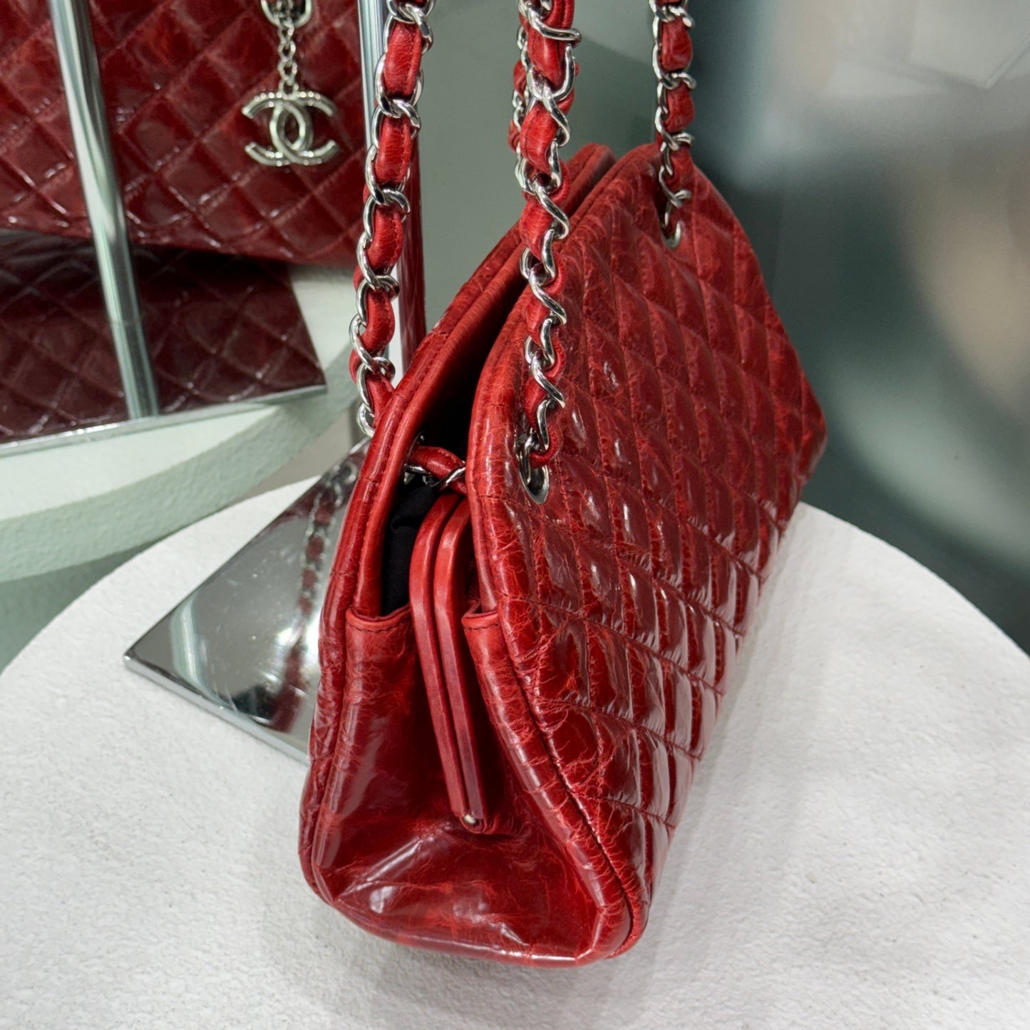 CHANEL Patent Red Mademoiselle Bowling Bag