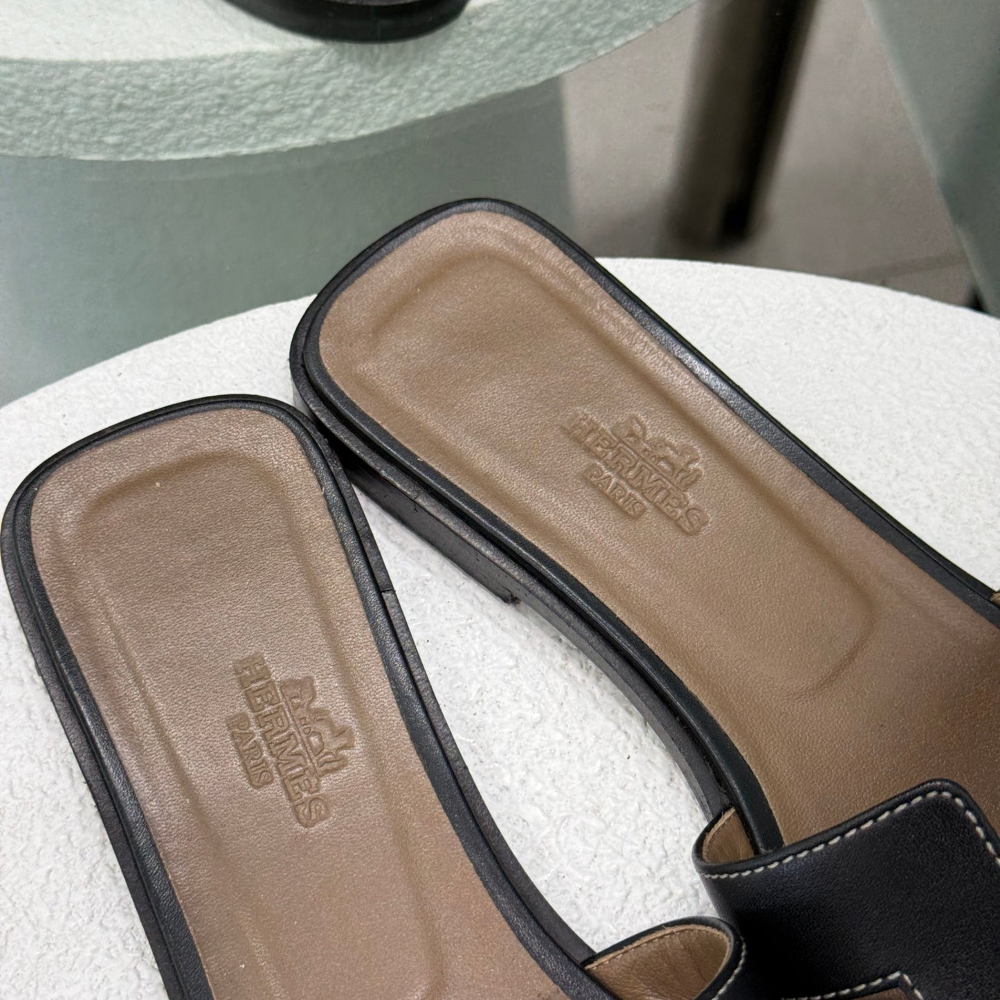 HERMES Black Oran Sandals Sz 36.5 (Box & DB)