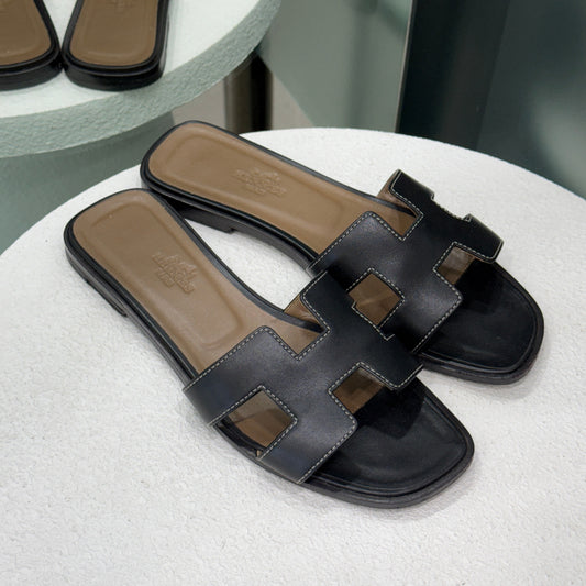 HERMES Black Oran Sandals Sz 36.5 (Box & DB)