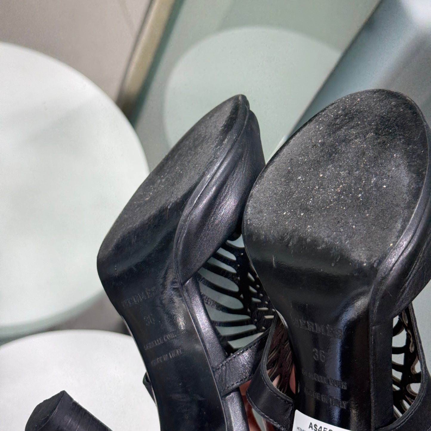 HERMES Cut-Out Black Strap Heel Sz 36