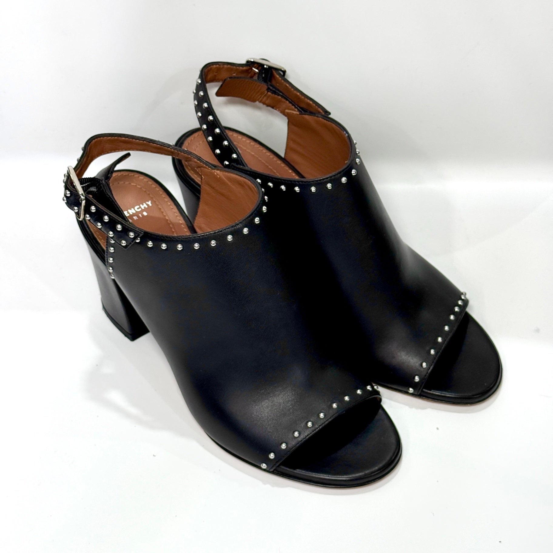 GIVENCHY Black Leather Studded Mules Sz 36