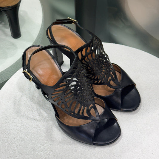 HERMES Cut-Out Black Strap Heel Sz 36