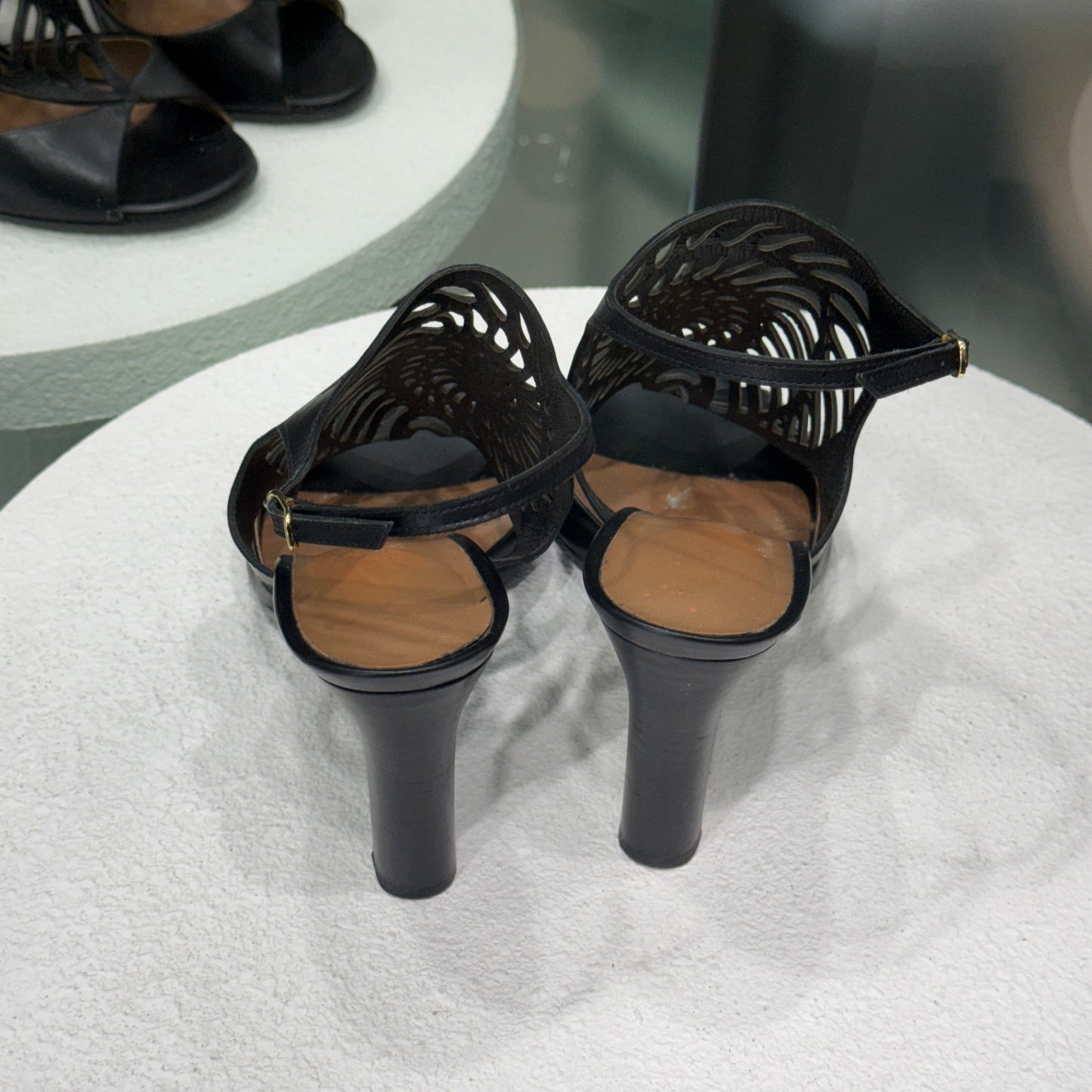 HERMES Cut-Out Black Strap Heel Sz 36