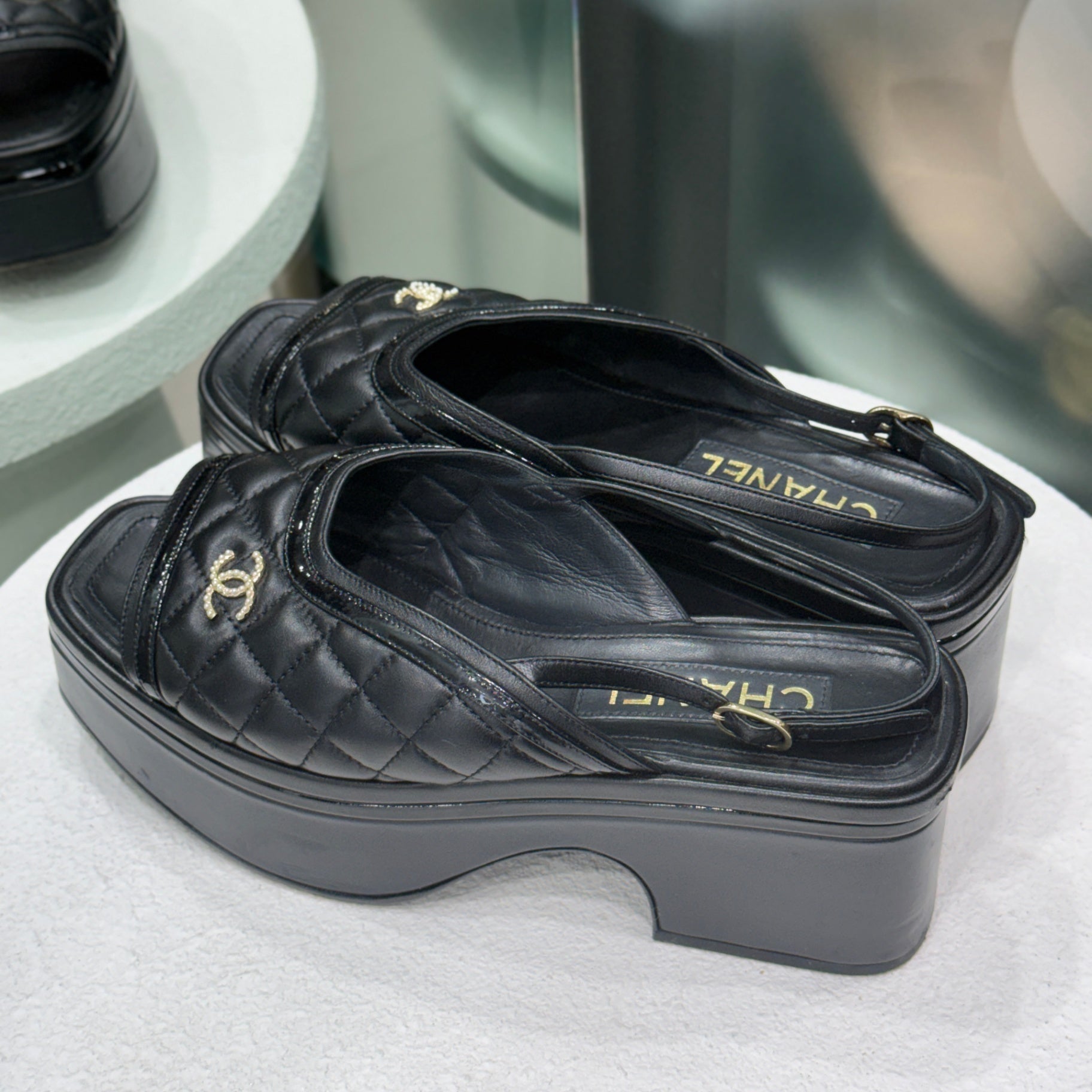 CHANEL Black Quilted Platform Mules Sz 38