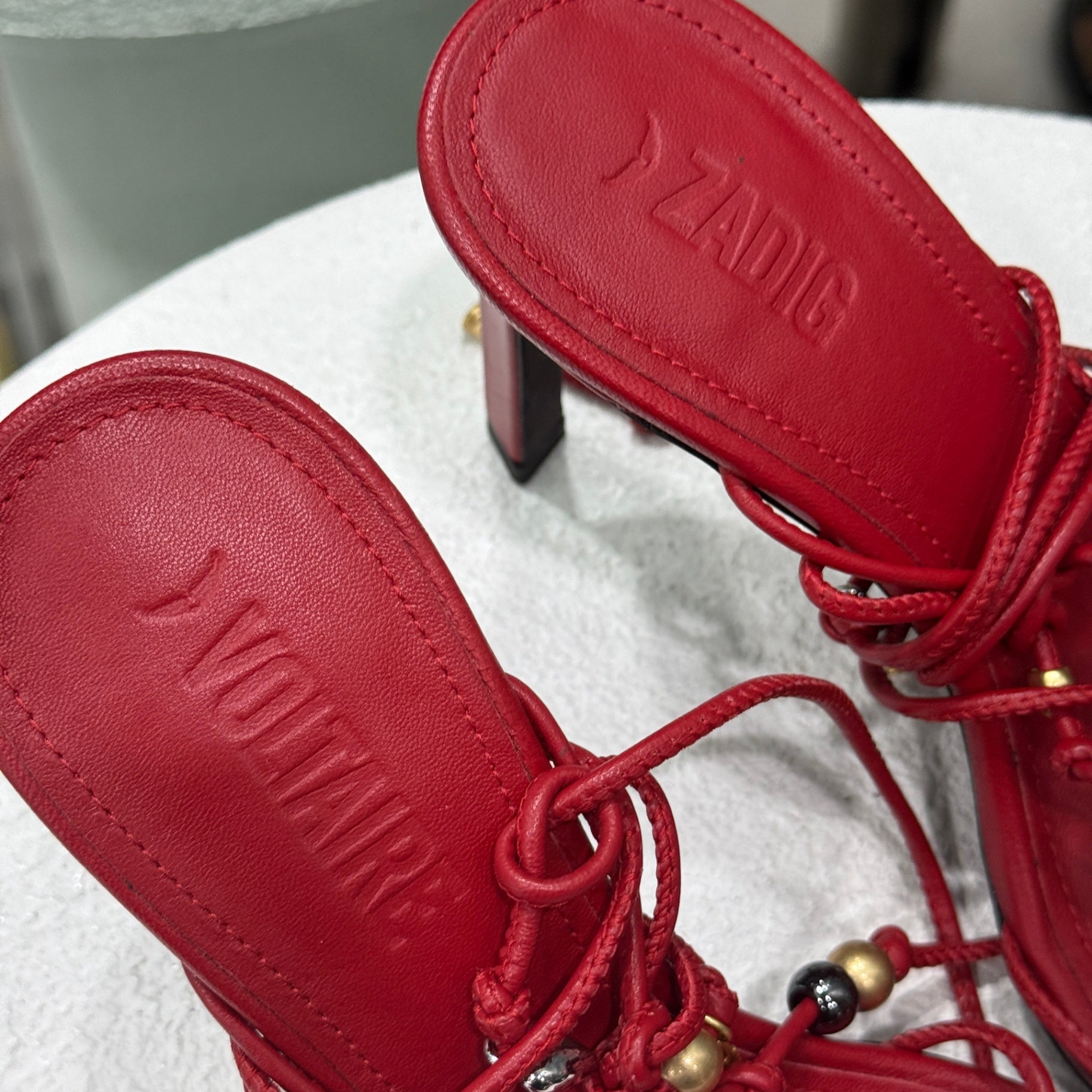 ZADIG & VOLTAIRE Red Strap Beaded Heels Sz 38