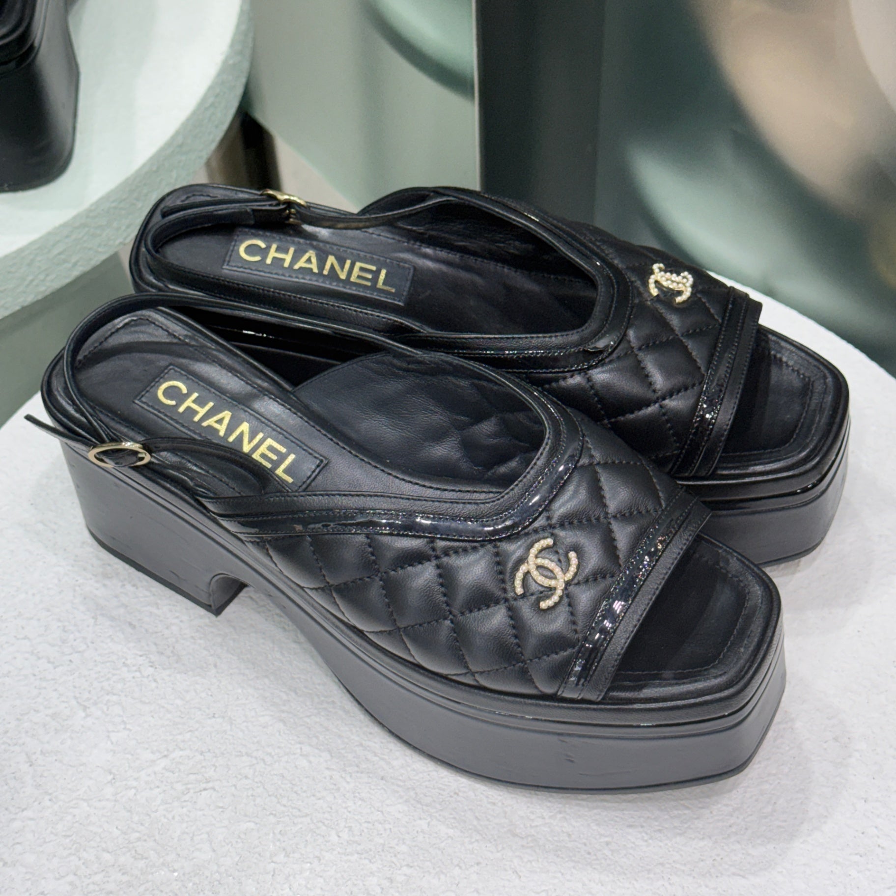CHANEL Black Quilted Platform Mules Sz 38